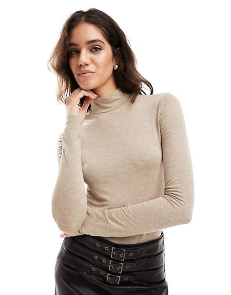 Mango Soft Touch High Neck Top In Taupe Asos