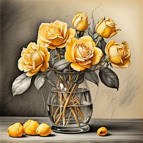 Yellow Roses In Vase Drawing Art Free Stock Photo - Public Domain Pictures