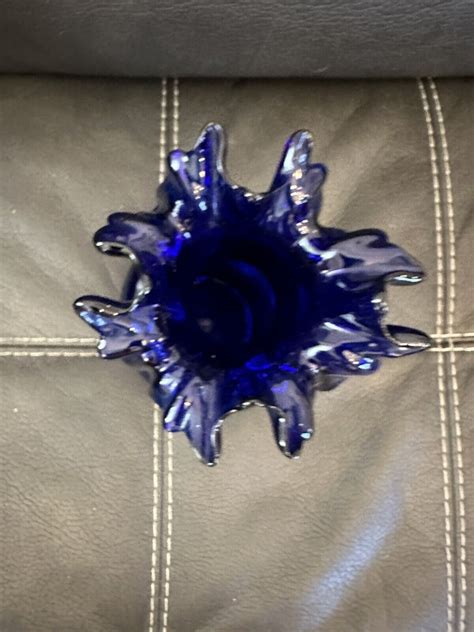 Vintage Fenton Cobalt Blue Glass Vase Ruffle Top Hand Blown Art EBay