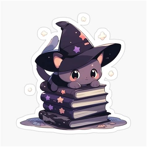 Cute Kawaii Halloween Witches Cat on a Stack of Spell Books by ...