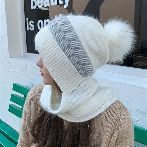 Winter Warm Thick Beanie Pom Trendy Hoodie Scarf Ribbed Knit Temu