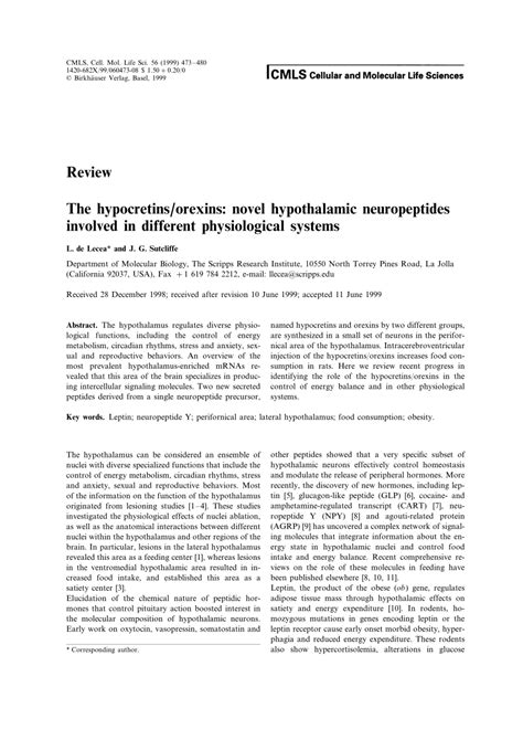 PDF The Hypocretins Orexins Novel Hypothalamic Neuropeptides