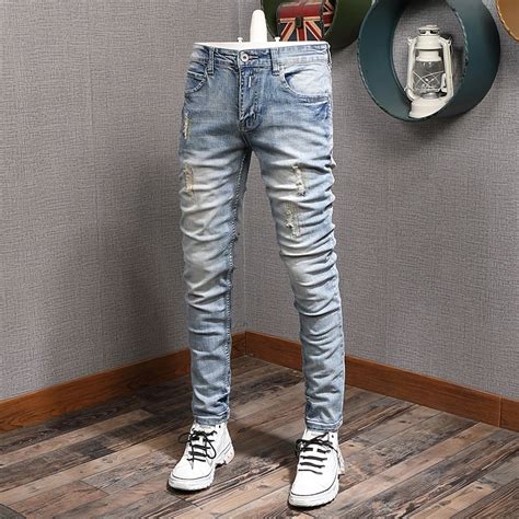 Mens Classic Vintage Light Blue Ripped Jeans Men Fashion Korean Style Embroidery Straight Slim