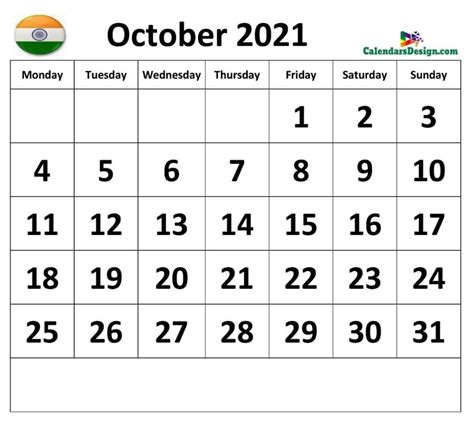 October 2021 Calendar India | 2021 calendar, Calendar, Blank calendar ...