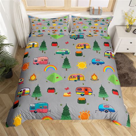 Rainbow Camping Comforter Cover Camper Decor Duvet Cover Camping