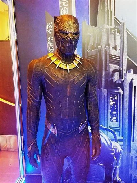 Erik Killmonger's Golden Jaguar suit from Black Panther. On display at a Los Angeles cinema ...