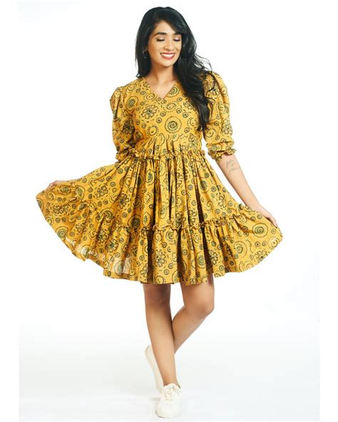 Mustard Abstract Motifs Printed Tier Dress By Threeness The Secret Label