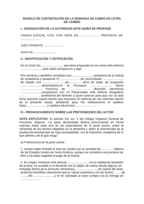 Contestacion DE LA Demanda DE Cobro DE Letra DE Cambio - MODELO DE