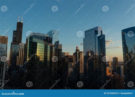 Drone Aerial View Of Downtown Chicago During A Beautiful Summer Sunset