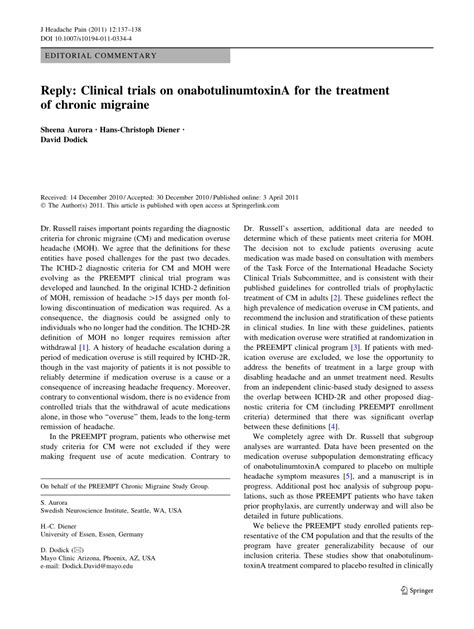 Pdf Reply Clinical Trials On Onabotulinumtoxina For The Treatment Of Chronic Migraine