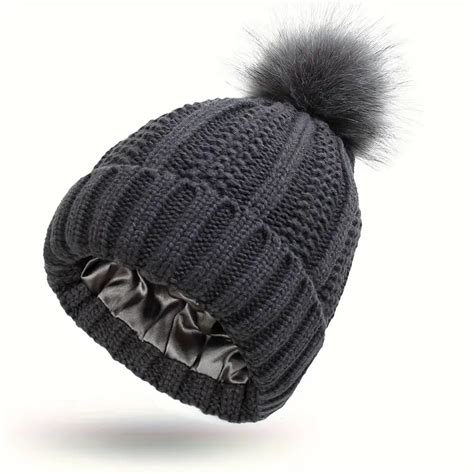 Soft Warm Satin Lined Beanie Pom Trendy Solid Color Skull Temu Canada