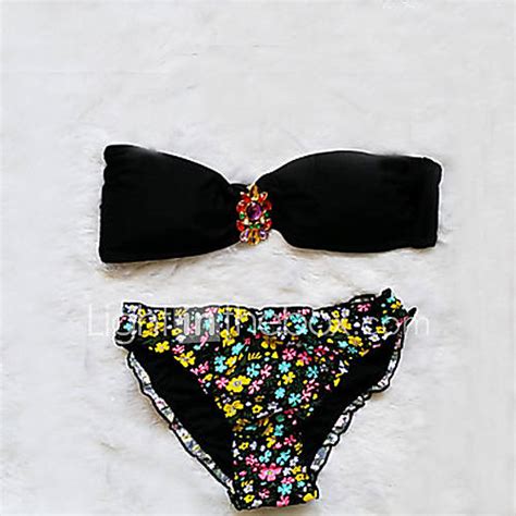 Women S Nylon Spandex Crystals Spring Flowers Sexy Beach Bikini Set