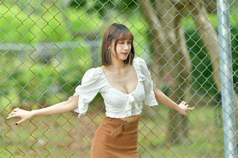 Asian Women Model Long Hair Brunette Depth Of Field Blouse Fence Trees