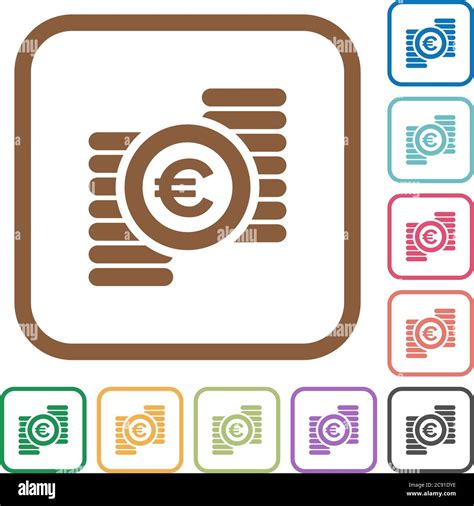 Euro Coins Simple Icons In Color Rounded Square Frames On White