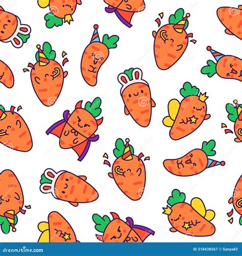 Kawaii Carrot With Funny Faces Seamless Pattern Stock Vector