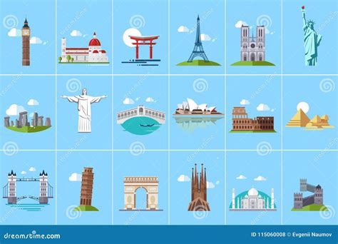 Famous Architectural Landmarks Set Popular Travel Historical Landmarks