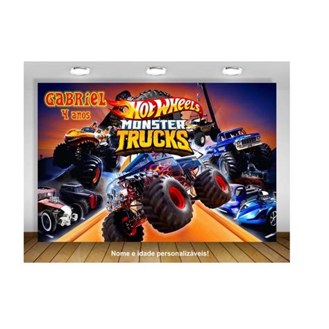 Painel de festa Hot Wheels Monster Trucks Bone Sharker Decoração hotwheels Bone Sharker carros