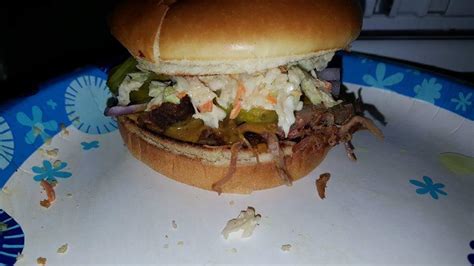 [homemade] Pulled Pork Sandwich With Carolina Style Bbq Sauce Cole Slaw And Dill Pickles On A