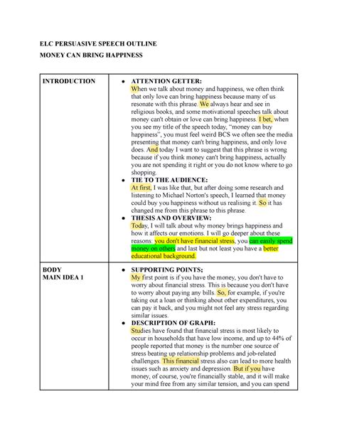 Elc Uitm Persuasive Speech Outline Money Can Bring Happiness