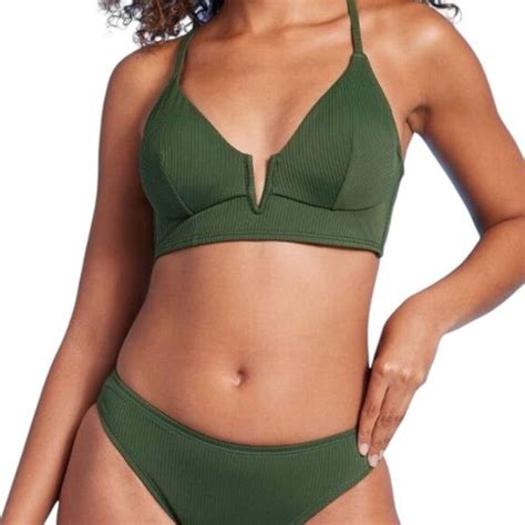 Shade Shore Swim Newshade Shore Ribbed Longline Vwire Bikini Dark Green Top 34c Poshmark