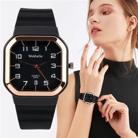 Womens Watch Simple Silicone Strap Womage Fashion Quartz Rectangle Dial