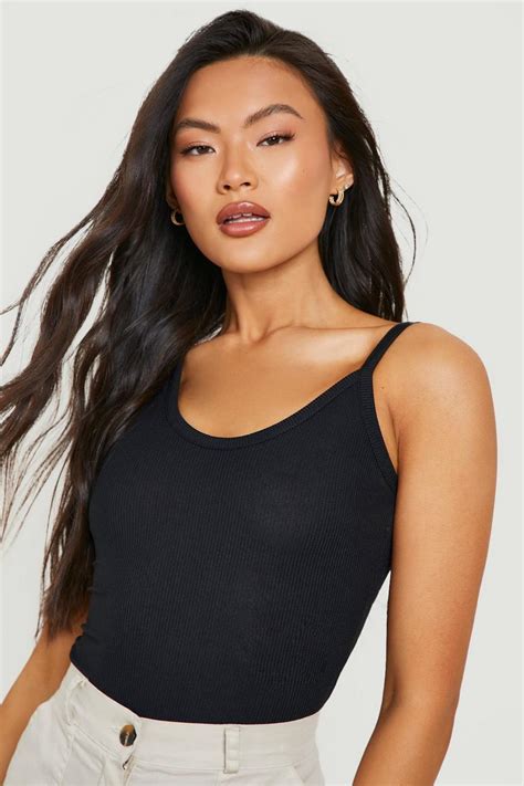 Womens Black Strappy Shoulder Rib Bodysuit Boohoo Uk