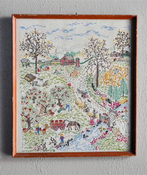 Vintage Embroidery Wall Hanging Farm Scene Country Life Apple Etsy Farm Scene Wall Hanging