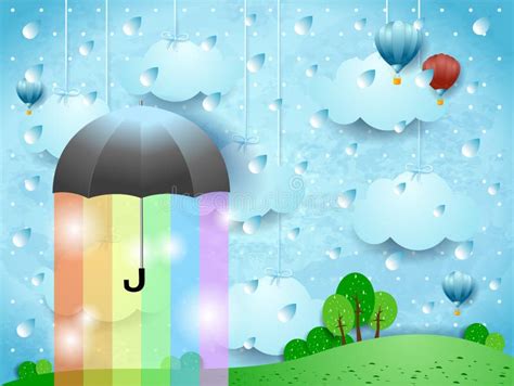 Fantasy Landscape with Umbrella, Rain and Rainbow Colors Stock Vector ...