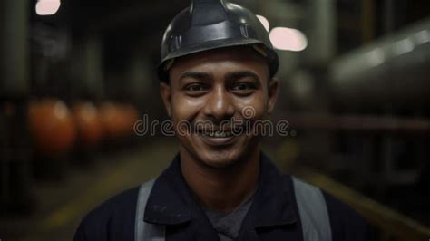 A Smiling Indian Male Factory Worker Standing In Oil Refinery Plant