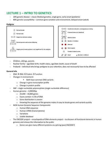 Genetics Summary Of Unit Lecture Lecture Intro To Genetics