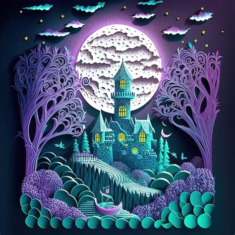 Premium Photo Paper Cut Art Illustration Castle And Moon Elements