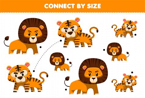 Educational game for kids connect by the size of cute cartoon animal lion and tiger printable ...