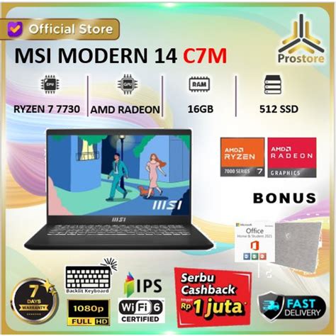 Promo LAPTOP MSI MODERN 14 RYZEN 5 7530U 16GB 512GB W11 OHS 14 0FHD IPS