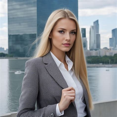 Premium Photo A Blonde Woman In A Suit Stands On A Bridge With A City In The Background
