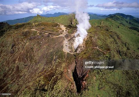 La Soufriere Volcano Emitting Steam In Guadeloupe Location La