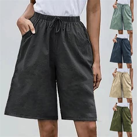 Ddapj Pyju Cotton Linen Shorts For Women Knee Length Bermuda Shorts