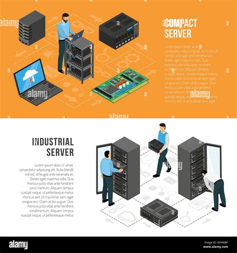 Datacenter Isometric Horizontal Banners With People Working With