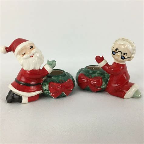 Vtg Lefton Christmas Candle Holder Mr And Mrs Santa Claus Set With Label Japan Lefton