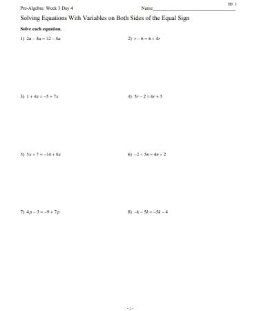 Solving Equations With Variables On Both Sides Worksheet PDF FREE