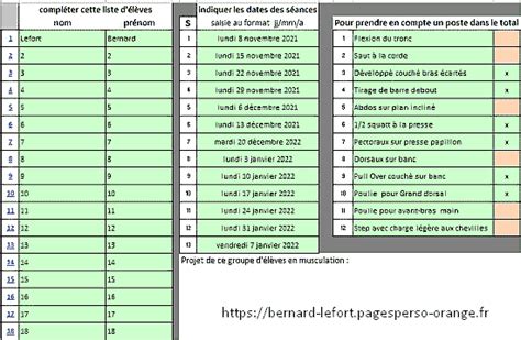 feuille excel pour gérer un suivi de projet en musculation