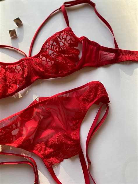 Sexy Red Lace Lingerie Set Open Crotch Lingerie Sheer Open Lingerie