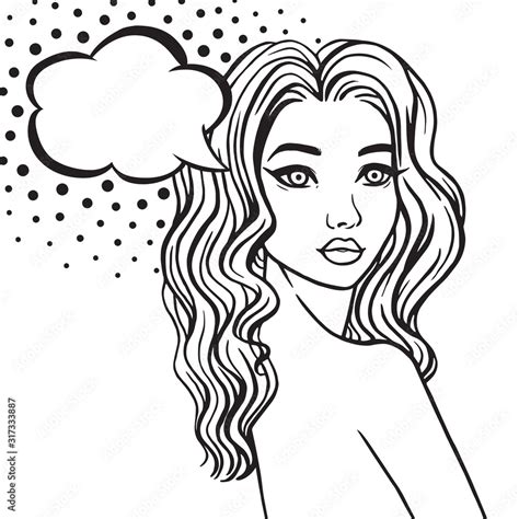 Vector Line Art Beautiful Woman Curly Hair Naked No Makeup Woman With Thinking Bubble Vector