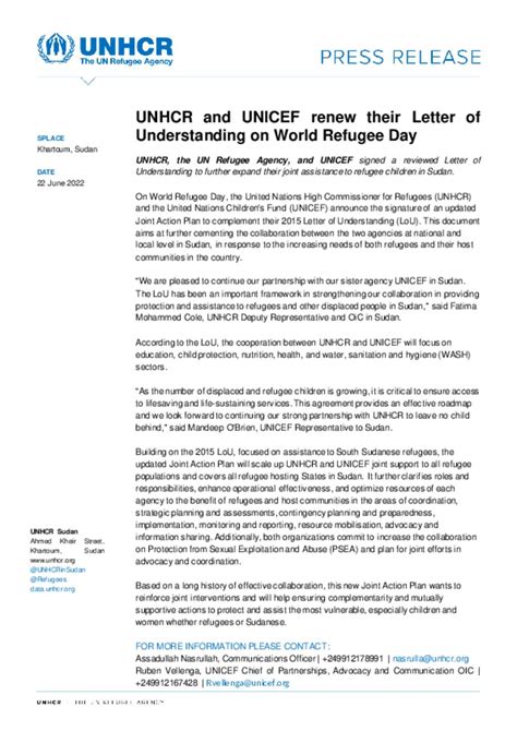 Document Unhcr And Unicef Press Release Unhcr And Unicef Renew