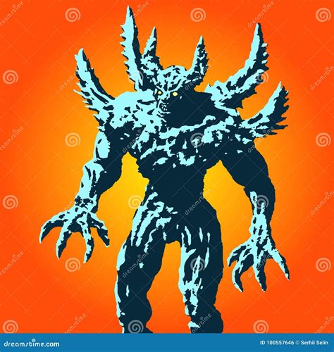 Angry Horned Monster With Spikes Stands Ready To Attack. Vector ...