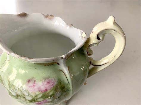 Vintage Porcelain Creamer Hand Painted Roses Pale Green And Etsy