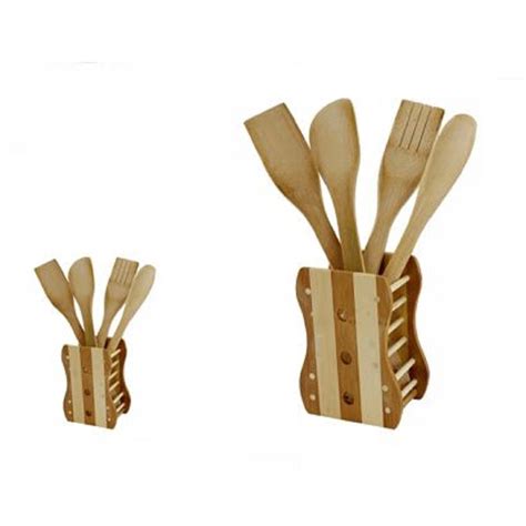 KIT 5 PZ CUCINA PORTA MESTOLO MESTOLI LEGNO CON 4 MESTOLI POSATE 67375