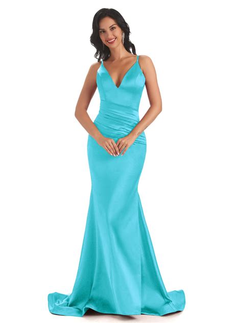 Sexy Spaghetti Straps Soft Satin V Neck Mermaid Long Wedding Bridesmaid