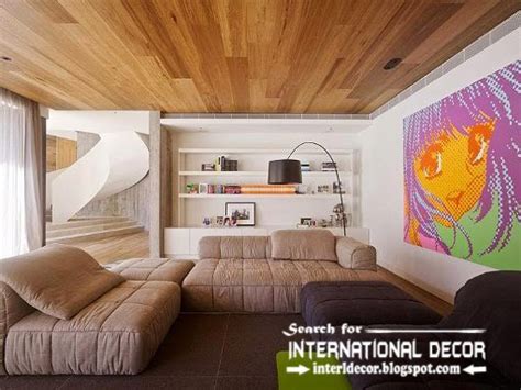 Living room drop ceiling of wood, timber ceiling panels