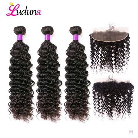 Luduna Brazilian Deep Wave Bundles With Closure Human Hair Weaves 3