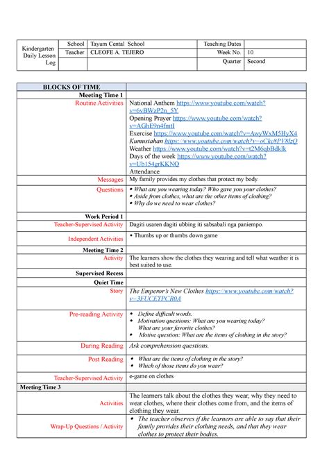 Kindergarten Dll Q2w9 Kindergarten Daily Lesson Log School Tayum